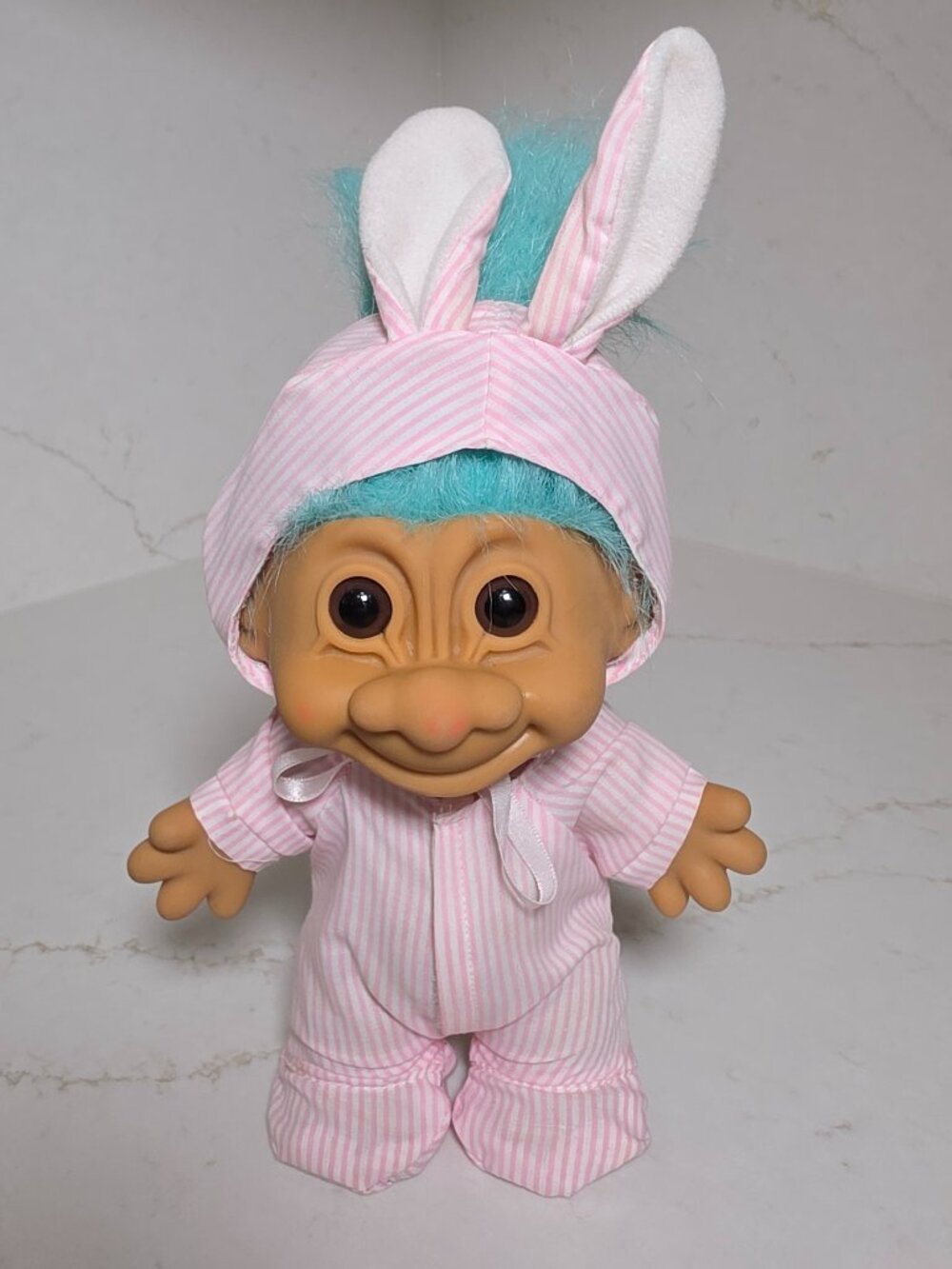 Vintage Russ Berrie Troll Doll Bunny Suit Pink Stripe Easter Plush Toy Blue Hair